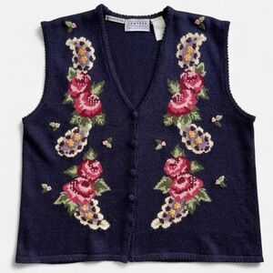 Vintage Jantzen Hand Embroidered Dark Navy Blue & Pink Flowers Knit Sweater Vest